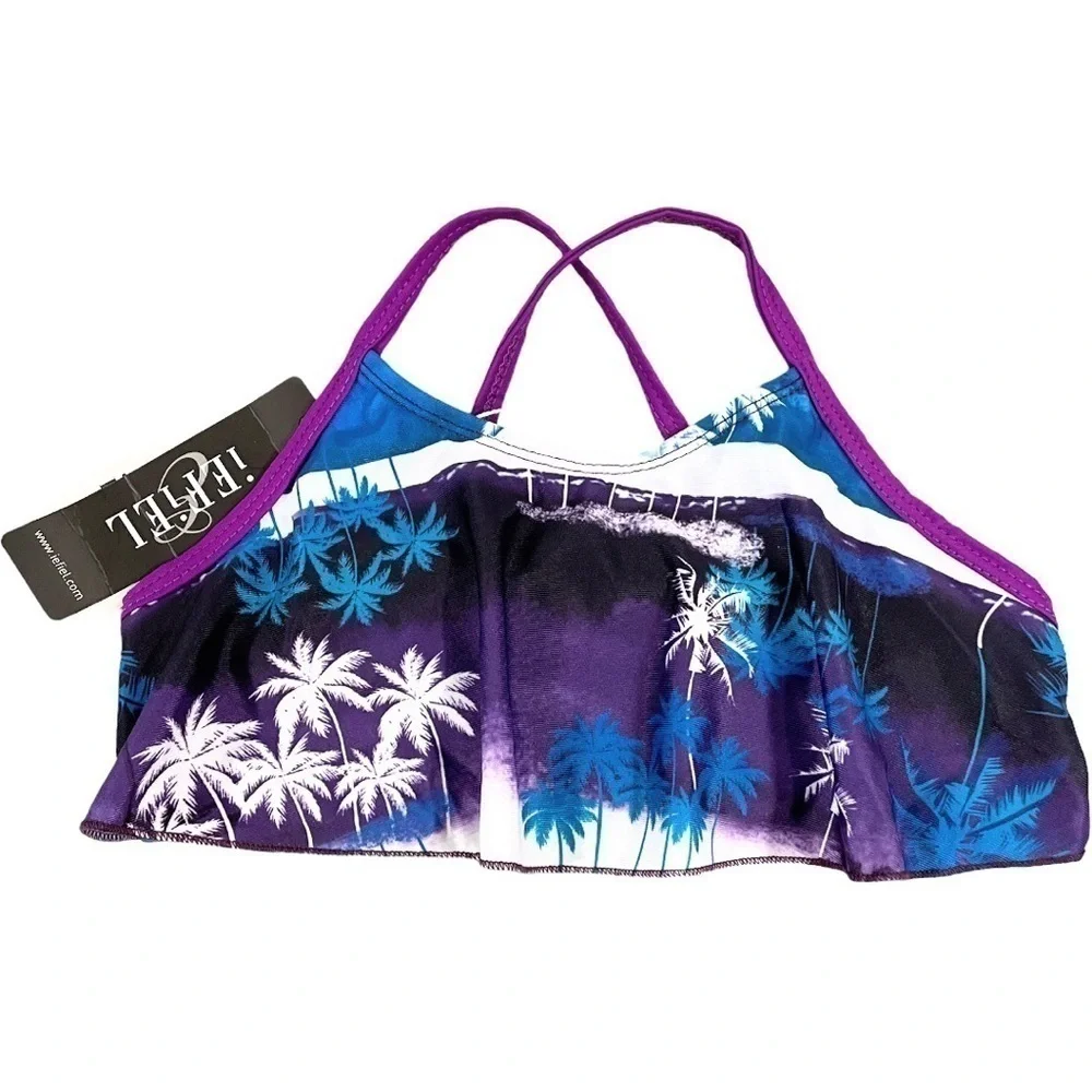 Iefiel Girls Med Swimsuit Tankini Tropical Palm Flounce Top Brief Blue Purple